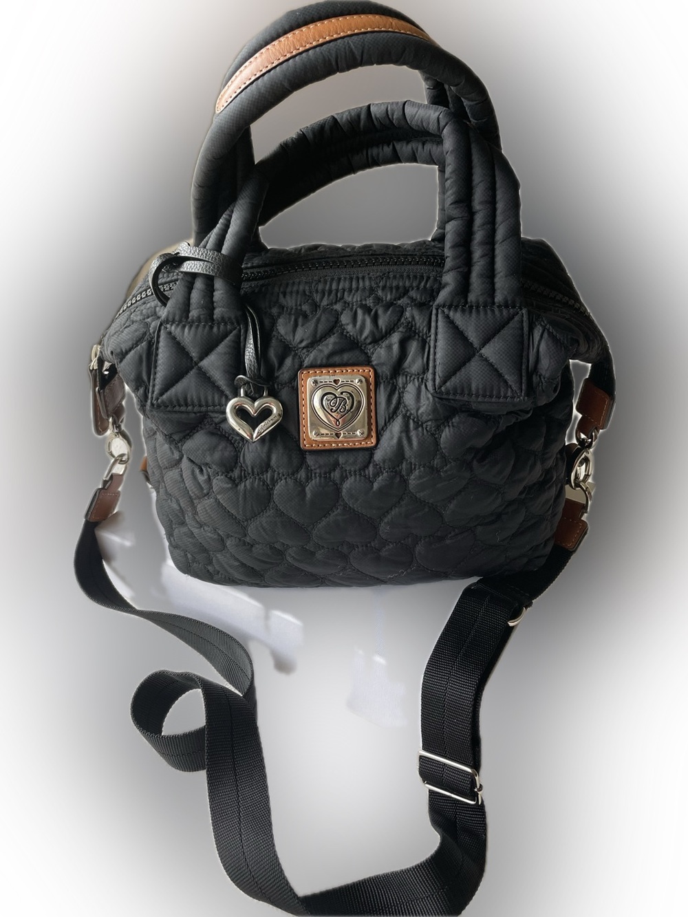 Brighton Black Quilted Heart Crossbody Satchel with Brown Trim